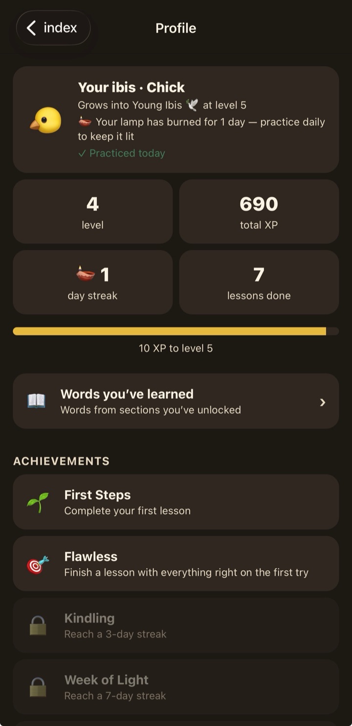 The profile screen showing level, XP, streak and achievements