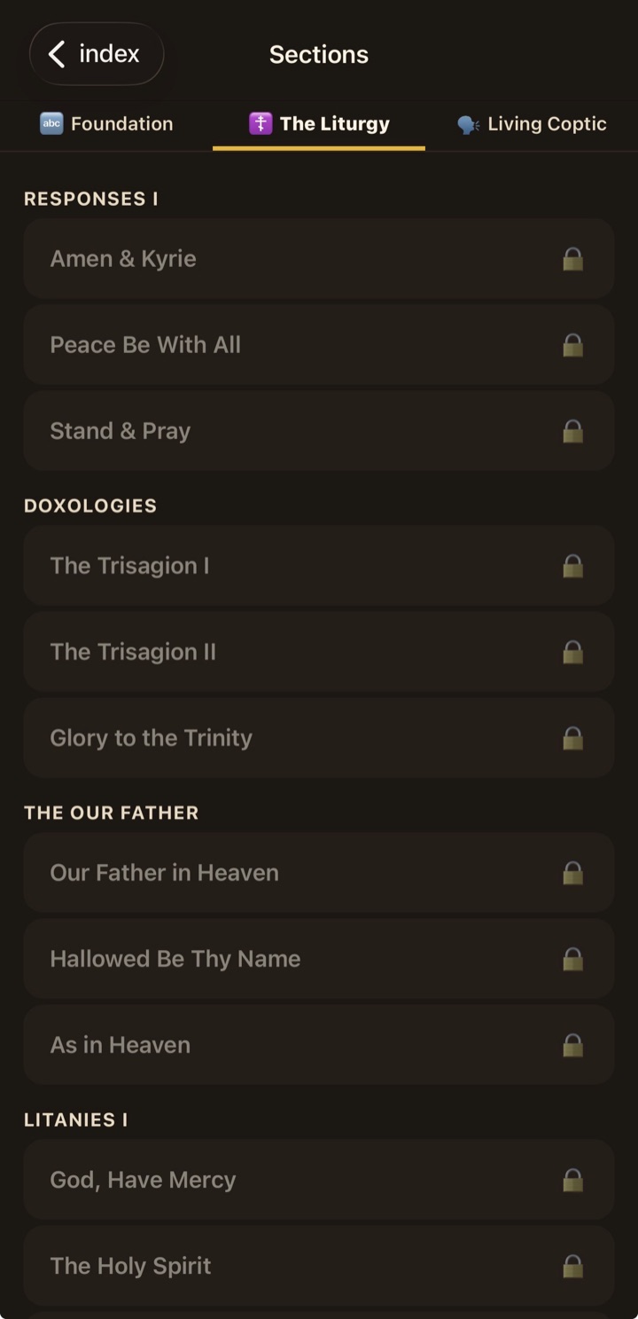 The section list for The Liturgy track, listing responses, doxologies and the Our Father